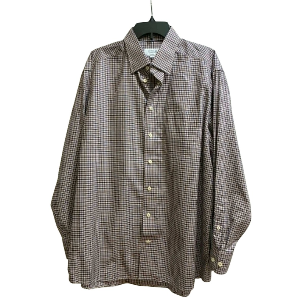 Eton Dress Shirt Mens XL 17.5 Brown Blue Check Classic Fit Button Up Quiet